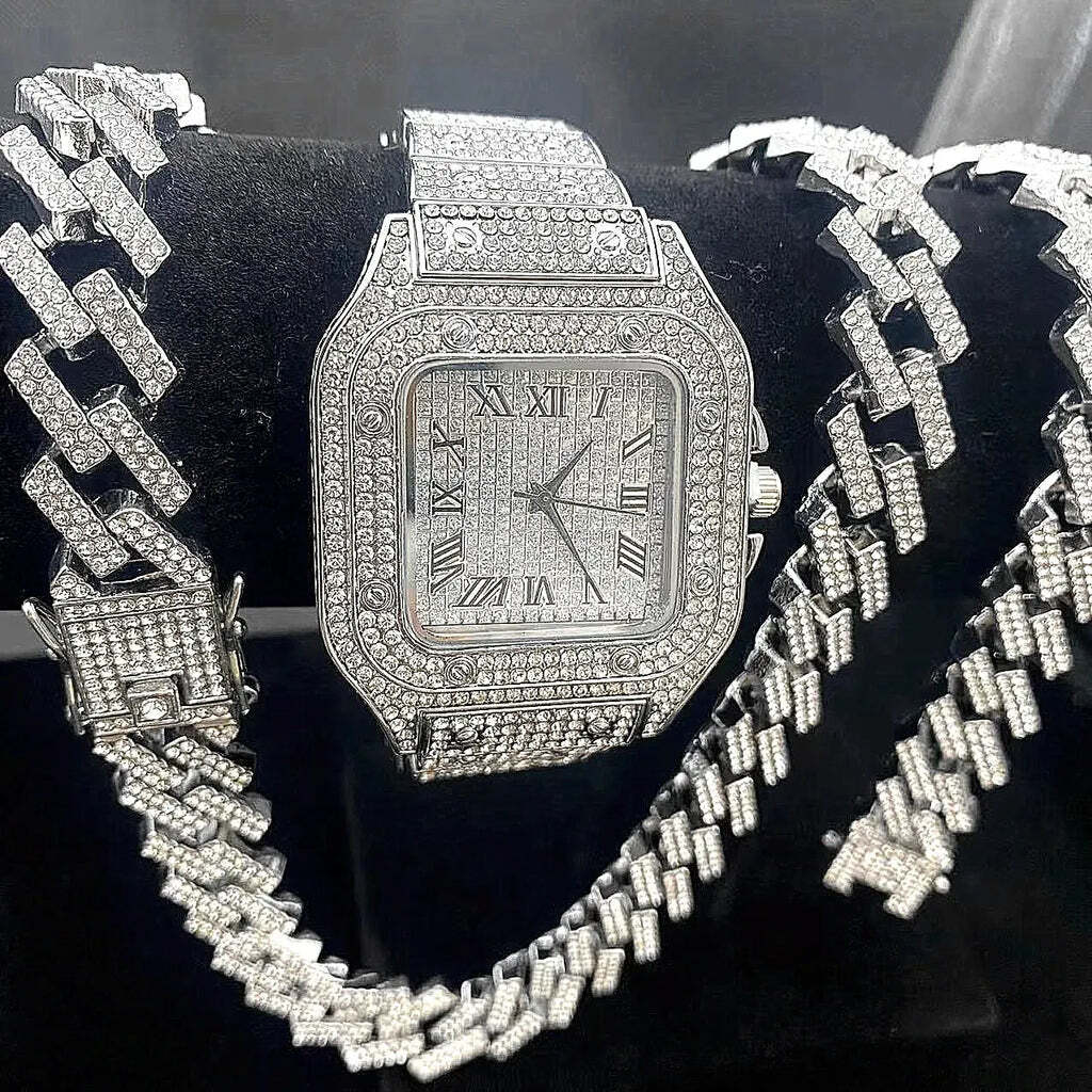 3-Piece Iced-Out Men's Jewelry Set: Crystal-Studded Watch with Oval Dial, Cuban Link Chain Necklace, and Matching Bracelet in Gold and Silver Finish