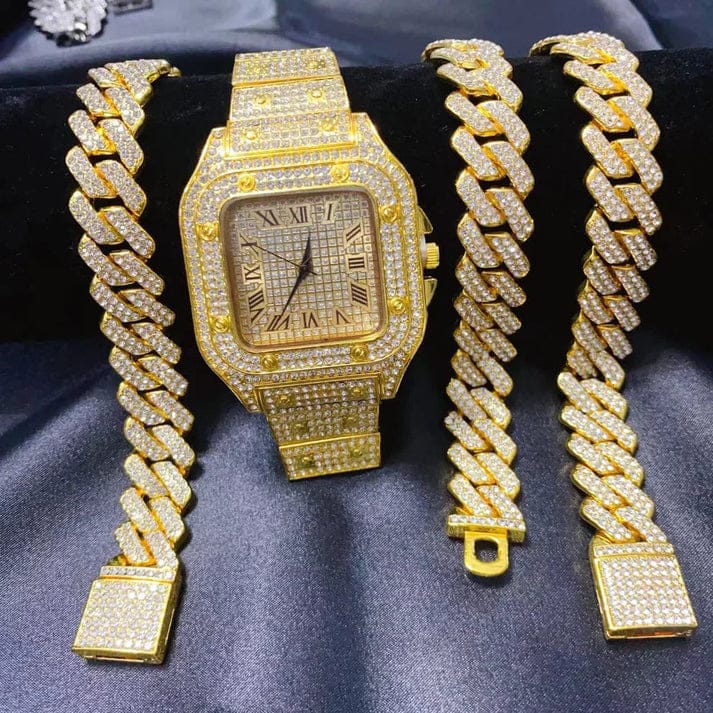 3-Piece Iced-Out Men's Jewelry Set: Crystal-Studded Watch with Oval Dial, Cuban Link Chain Necklace, and Matching Bracelet in Gold and Silver Finish