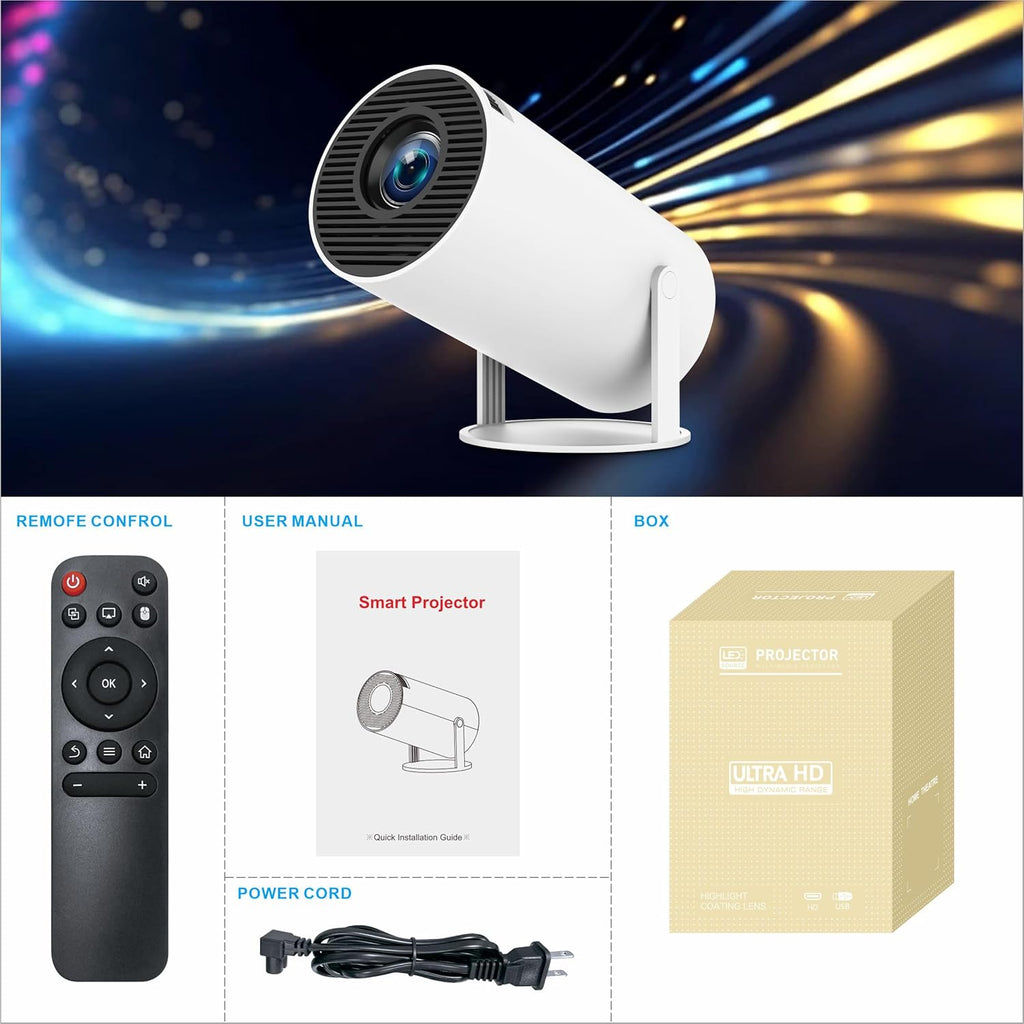 4K WiFi6 Bluetooth Portable Smart Projector with HDMI USB Inputs for Home Cinema & Streaming