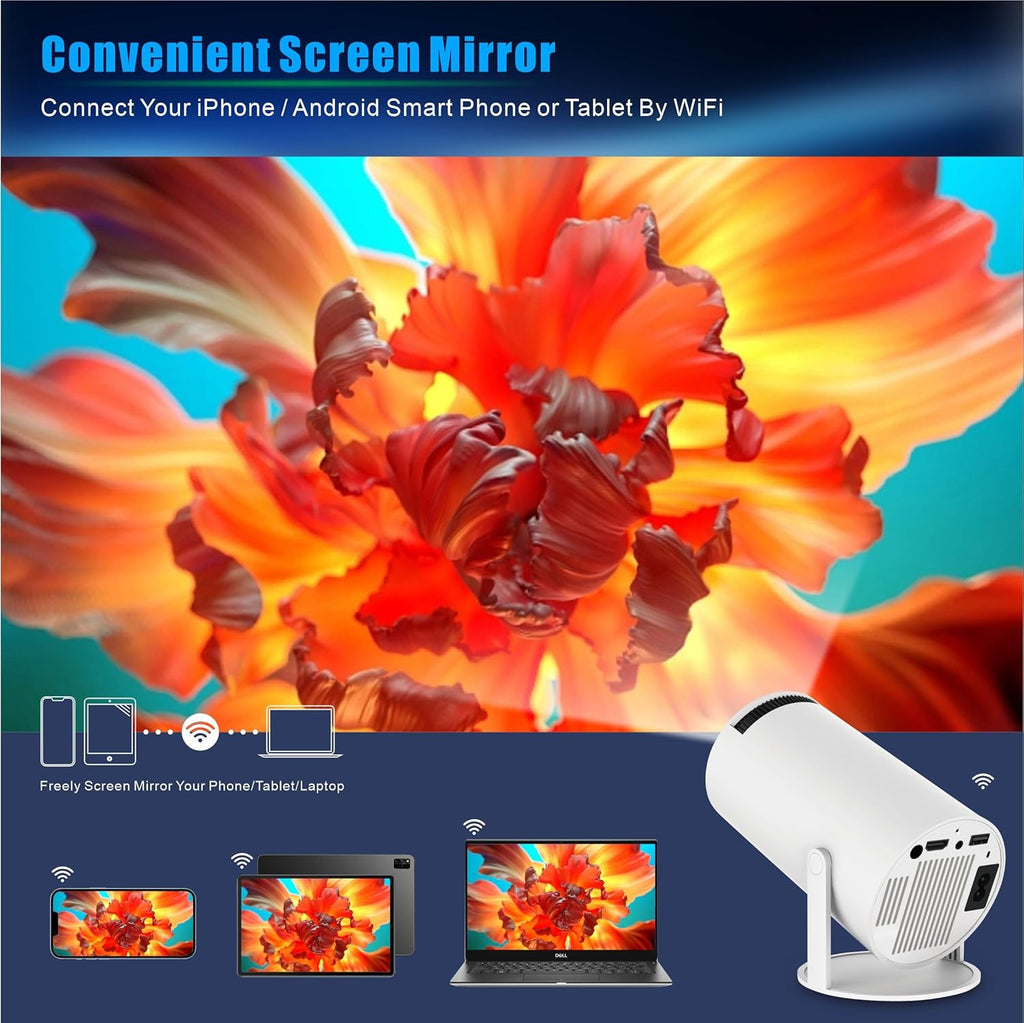 4K WiFi6 Bluetooth Portable Smart Projector with HDMI USB Inputs for Home Cinema & Streaming