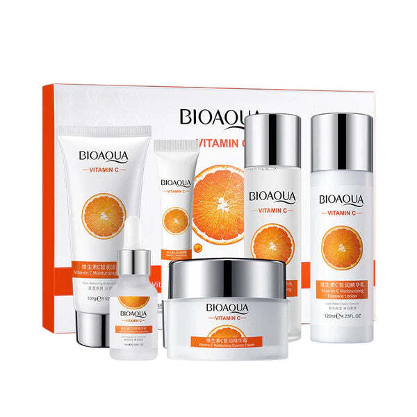 BIOAQUA 6-Piece Vitamin C Skincare Set with Cleanser, Toner, Serum, Lotion, Eye Cream, and Moisturizer for Deep Hydration, Brightening, and Anti-Aging Benefits
