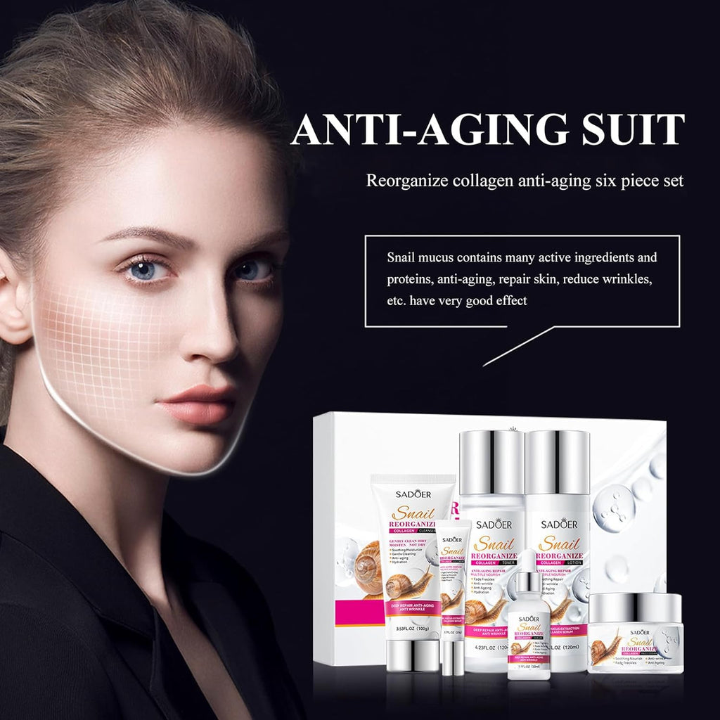 SADOER 6-Piece Snail Collagen Skincare Set with Toner, Serum, Cleanser, Emulsion, Eye Cream, and Face Cream for Deep Hydration, Anti-Aging, and Skin Rejuvenation