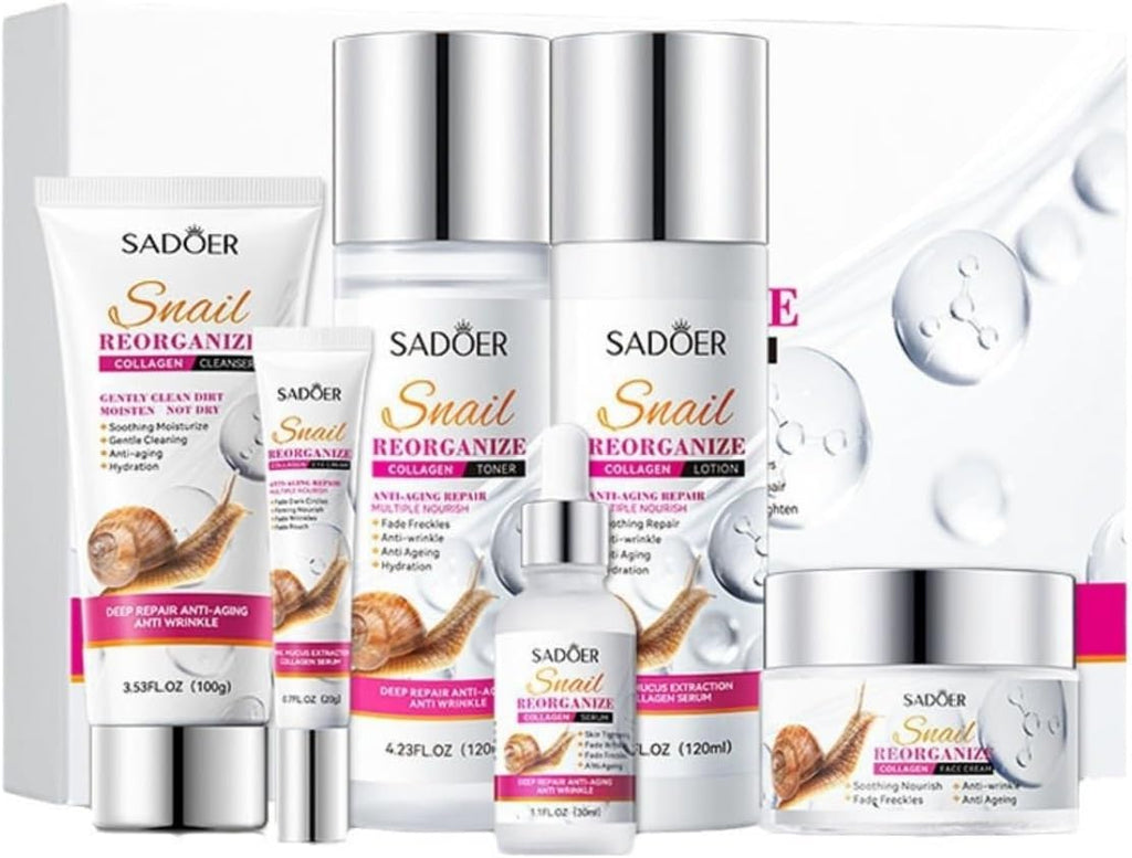 SADOER 6-Piece Snail Collagen Skincare Set with Toner, Serum, Cleanser, Emulsion, Eye Cream, and Face Cream for Deep Hydration, Anti-Aging, and Skin Rejuvenation
