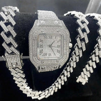 3-Piece Iced-Out Men's Jewelry Set: Crystal-Studded Watch with Oval Dial, Cuban Link Chain Necklace, and Matching Bracelet in Gold and Silver Finish