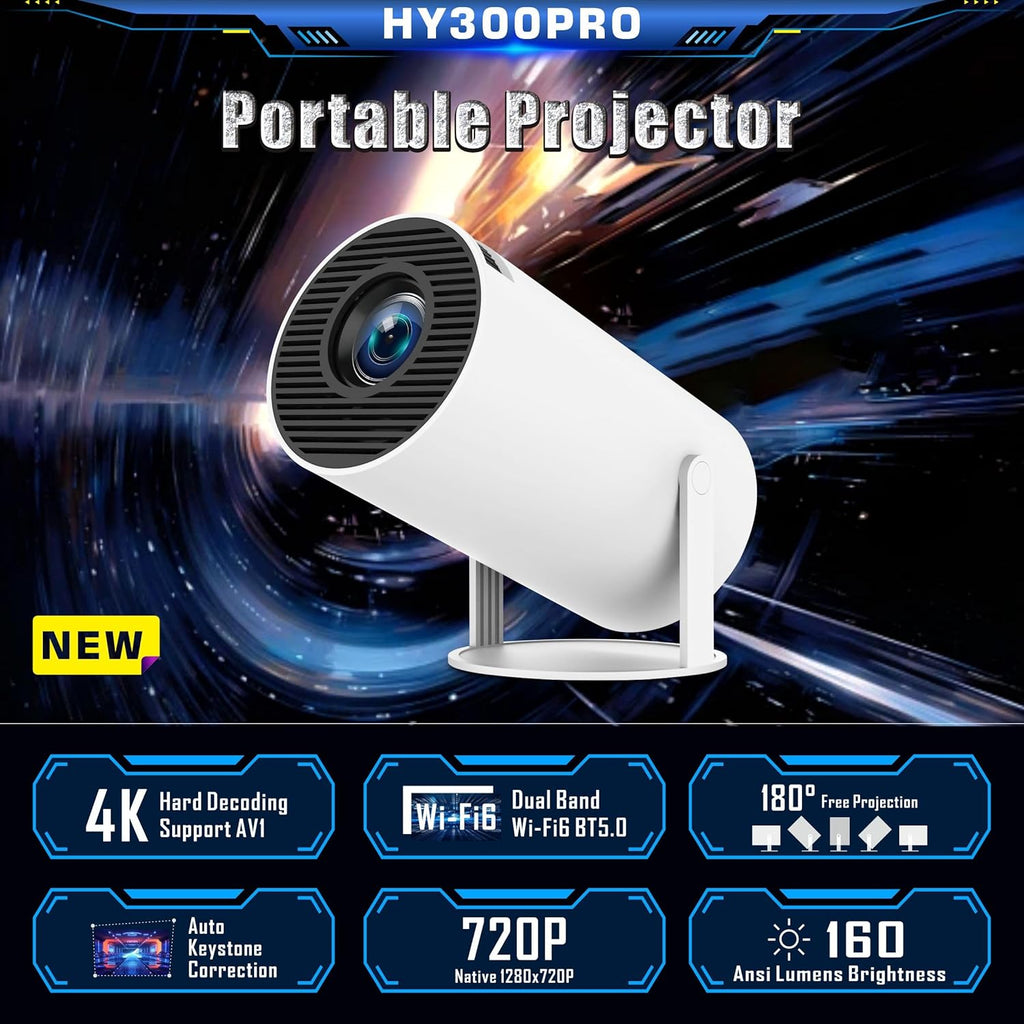 4K WiFi6 Bluetooth Portable Smart Projector with HDMI USB Inputs for Home Cinema & Streaming