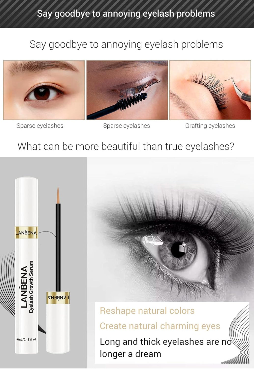 LANBENA Eyelash & Eyebrow Growth Serum – 4ml | Natural, Non-Irritating Formula for Longer, Fuller, and Thicker Lashes & Brows