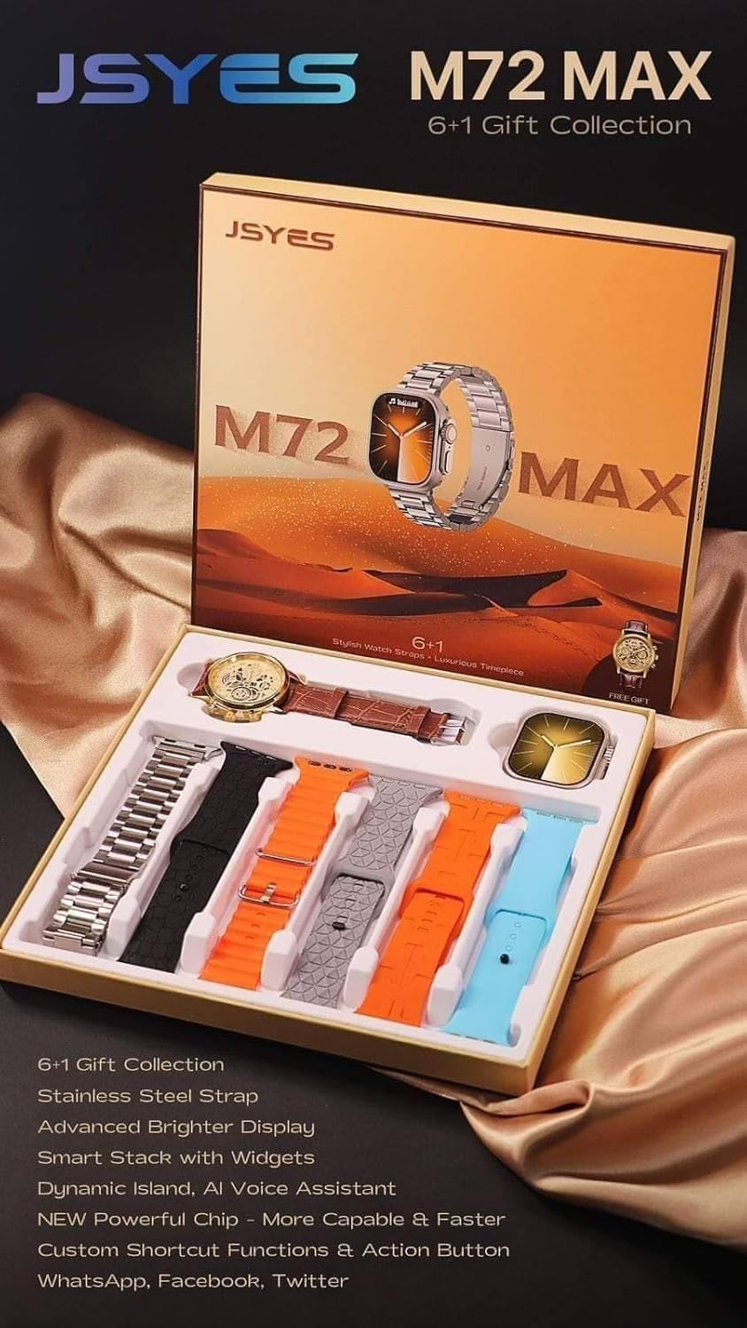 M72 Max Smartwatch with 2-Inch HD Display, Bluetooth Calling, Wireless Charging, and 6 Interchangeable Classic Watch Bands