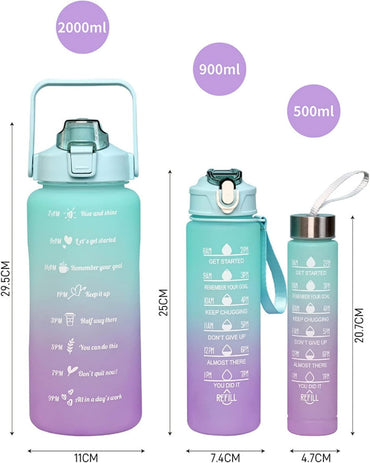 3-Piece Motivational Water Bottle Set – 2000ml, 900ml & 500ml | BPA-Free with Time & Capacity Markers